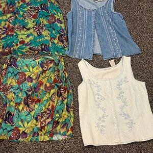 4 Bundle Vintage Y2K Colorful Patterned Skirt and Denim Tops Set